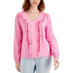 Charter Club Cotton Ruffled Eyelet Knit Top Medium Pink
